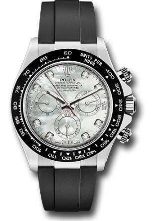 Replica Rolex White Gold Cosmograph Daytona 40 Watch 116519LN Mother-of-Pearl Diamond Dial Black Oysterflex Strap - Click Image to Close